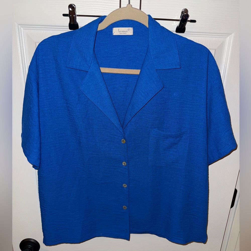 Relaxed Short-Sleeve Button-Down Shirt - Cobalt Blue - Picture 2 of 5
